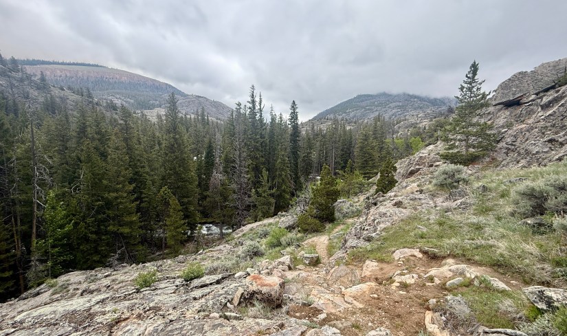 Rocky hiking trail leading through dense green coniferous forest with a cloudy sky in the Fitzpatrick Wilderness of Wyoming.