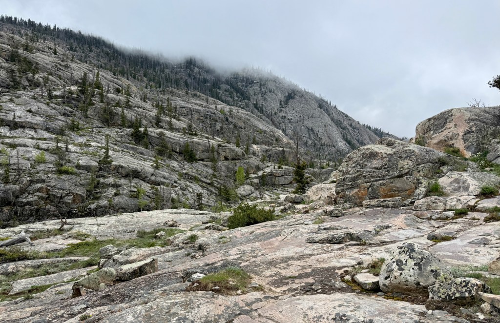 Rocky landscape with steep mountainous terrain and patches of trees under a cloudy sky in the Fitzpatrick Wilderness, Wyoming.