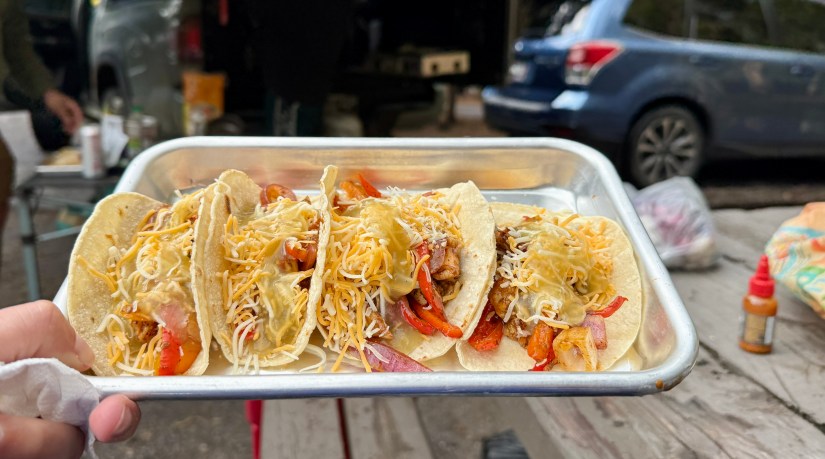 A person holding a tray of four tacos filled with meat, cheese, and vegetables, with a blue vehicle visible in the background.