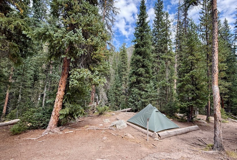 A green tent set up in a forested campsite surrounded by tall pine trees in Rocky Mountain National Park.