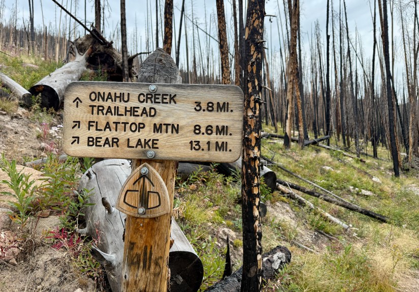 Trail sign indicating distances to Onahu Creek, Flattop Mountain, and Bear Lake in a burned forest area.
