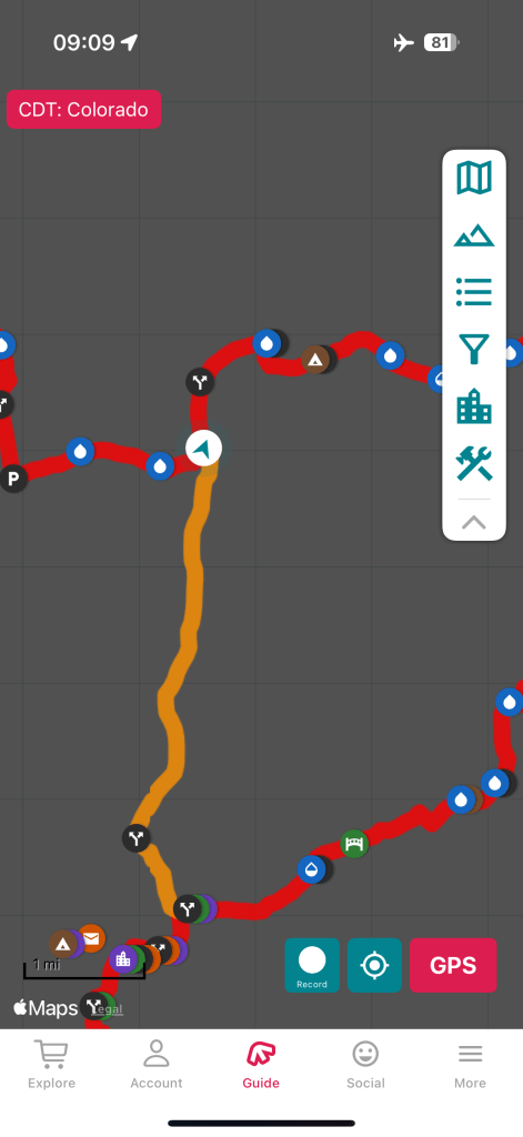A map of the Continental Divide Trail in Colorado, featuring various trail routes and points of interest.