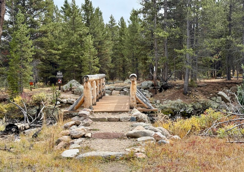 A wooden bridge with stone supports crossing a small creek, surrounded by forested area with evergreen trees.