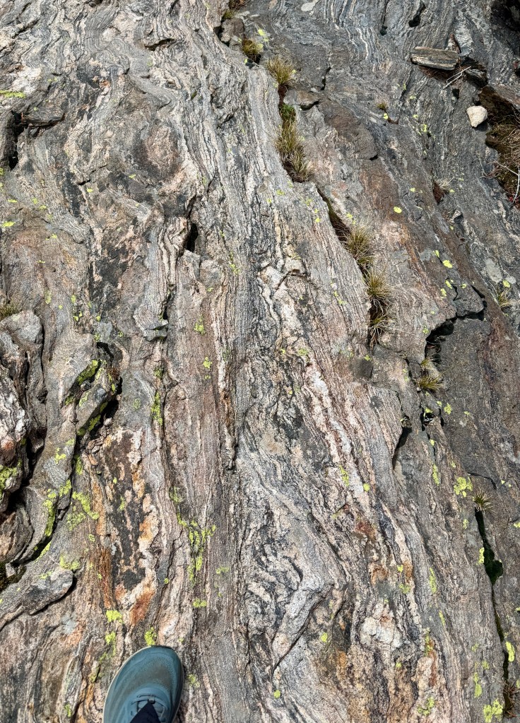 Close-up view of textured rock surface with green lichen, featuring a hiking shoe in the lower corner.