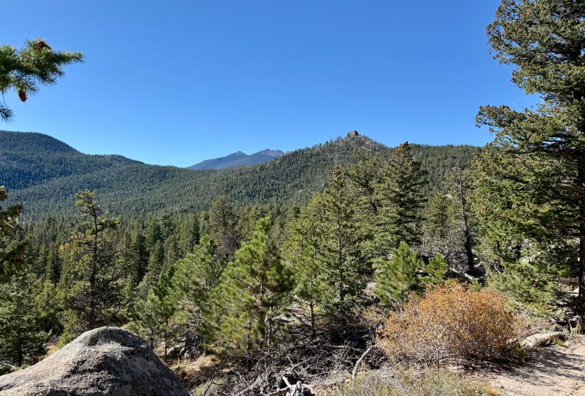 A scenic view from a hiking trail featuring lush pine forests, rolling hills, and distant mountain peaks under a clear blue sky.