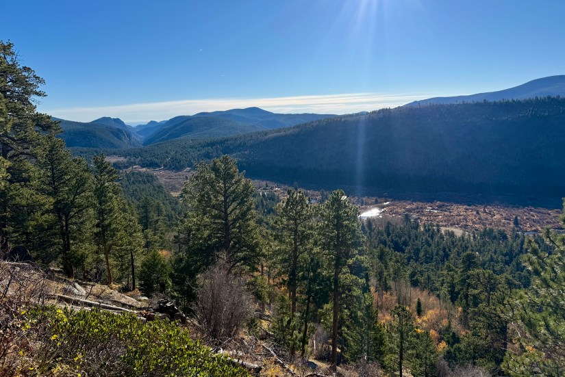A panoramic view of a mountainous landscape with green pine trees, rolling hills, and a clear blue sky, showcasing the natural beauty of the Rocky Mountains.