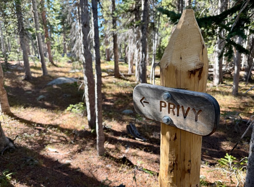 Wooden signpost in a forest directing to the privy with arrows and the word 'PRIVY' engraved.