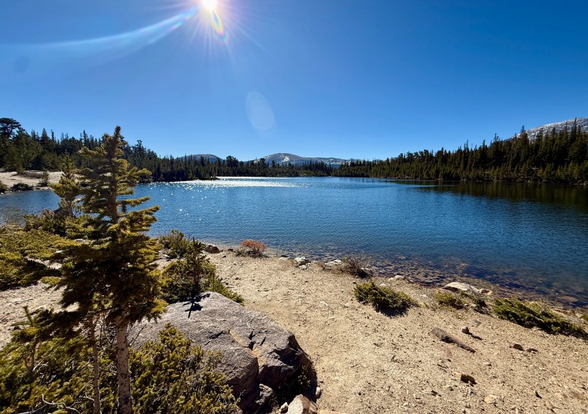 A scenic view of Sandbeach Lake surrounded by trees and mountains under a clear blue sky. Sunlight sparkles on the water's surface, creating a tranquil and inviting atmosphere.