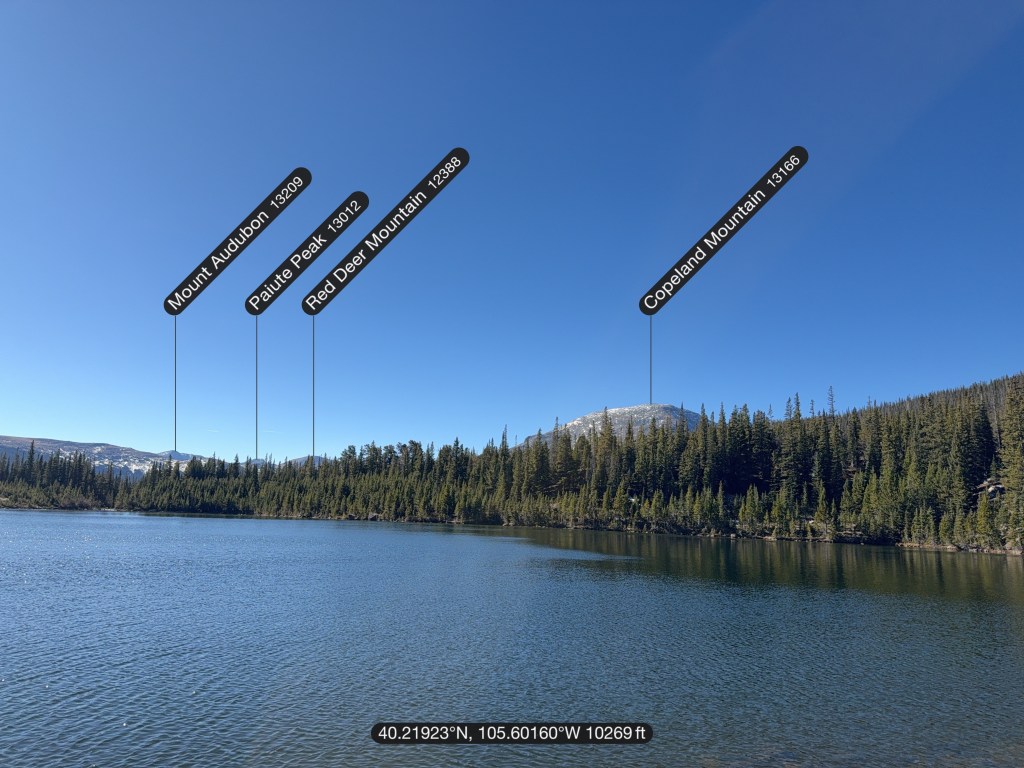 A panoramic view of Sandbeach Lake surrounded by forest, with labeled mountain peaks including Mount Audubon, Paiute Peak, Red Deer Mountain, and Copeland Mountain in the background.