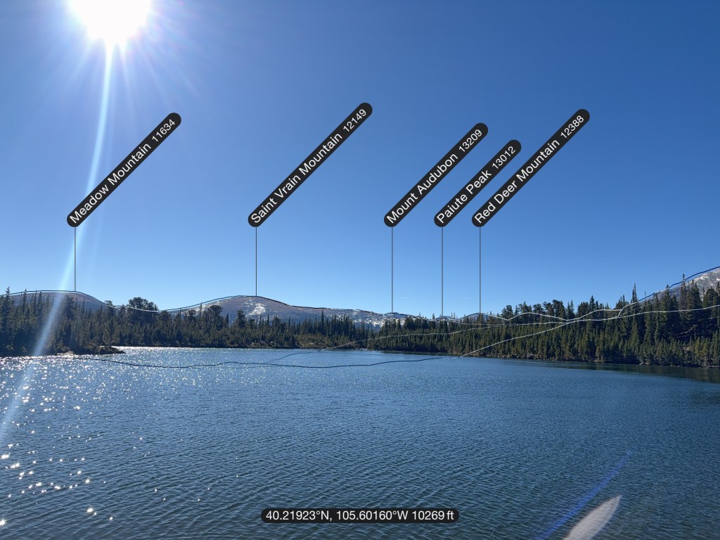 A panoramic view of Sandbeach Lake with labeled mountain peaks in the background, including Meadow Mountain, Saint Vrain Mountain, Mount Audubon, Paiute Peak, and Red Deer Mountain. The scene features clear blue skies and sunlight reflecting off the lake's surface.
