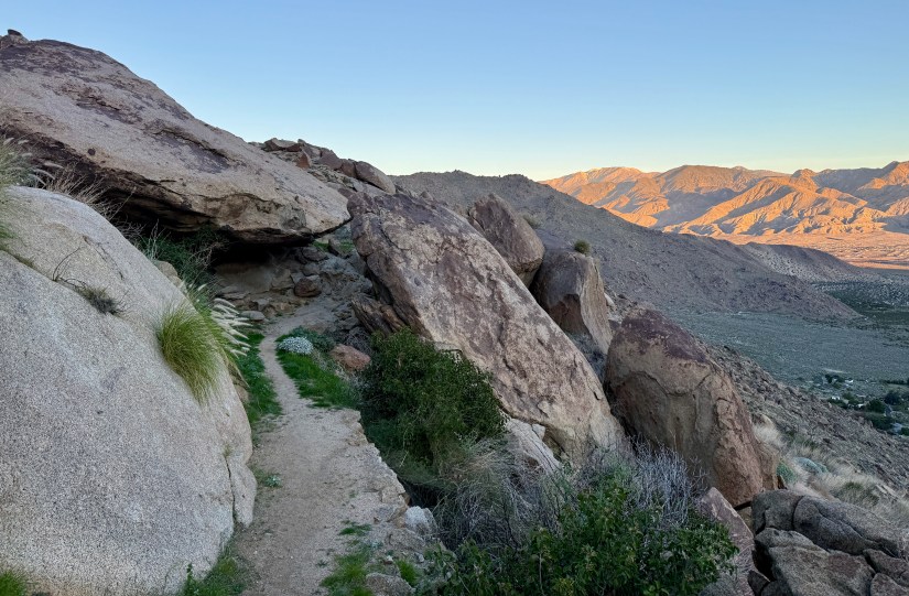 Trail leading through rocky terrain with vegetation, showing the rugged landscape of Palm Springs at dawn.