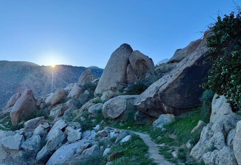 A sun rising behind large boulders along a winding path in a desert landscape.