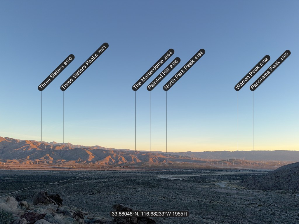 View of the mountains near Palm Springs, California, with labels for various peaks including Three Sisters, The Matadorne, Painted Hill, North Park Peak, Warren Peak, and Panorama Peak.