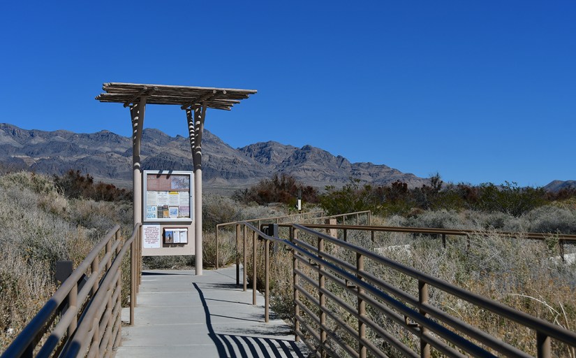 A pathway leading to an informational sign under a wooden shelter, surrounded by desert vegetation and mountains in the background under a clear blue sky.