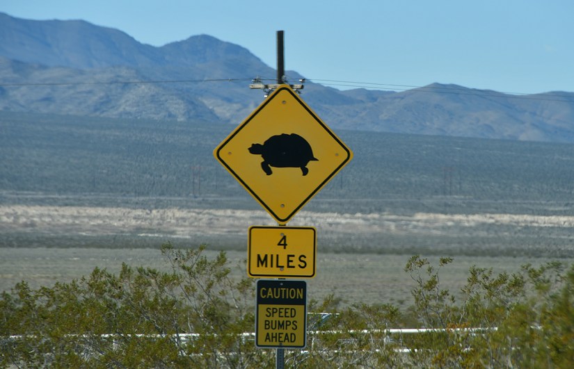 A caution sign with a turtle silhouette and text indicating '4 MILES' and 'CAUTION SPEED BUMPS AHEAD' in a desert landscape.