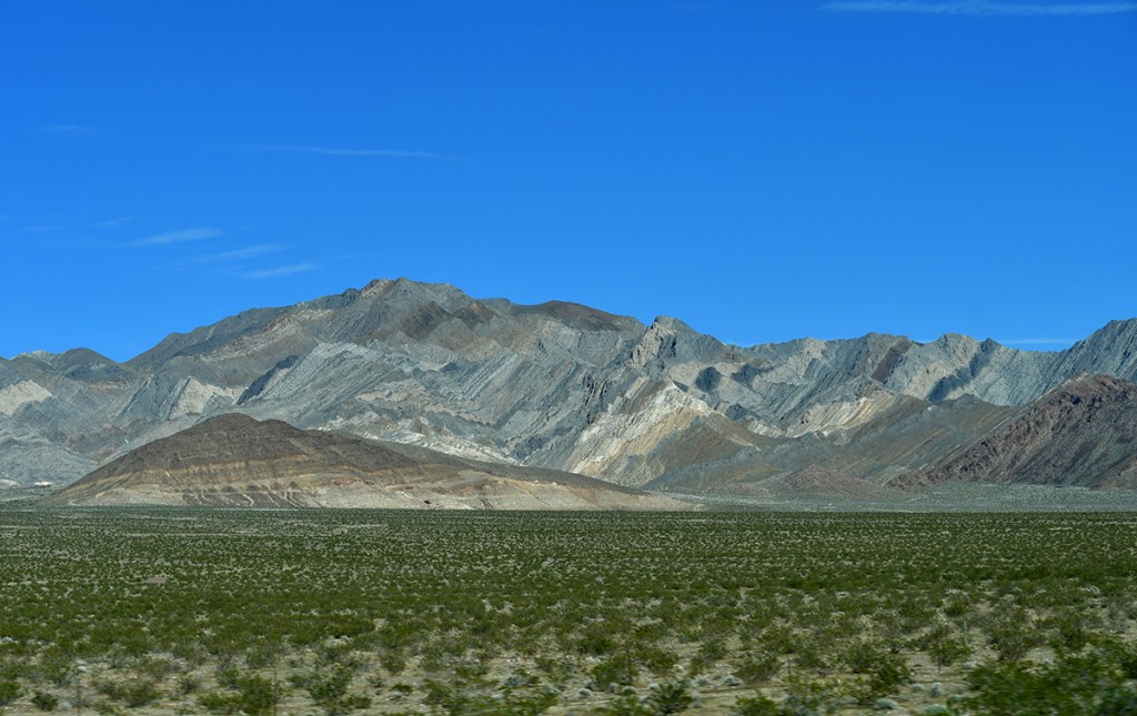 Scenic view of rugged mountains under a clear blue sky, with desert vegetation in the foreground.