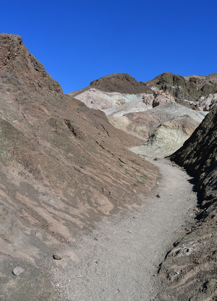 A winding trail leads through rugged, multi-colored rock formations under a clear blue sky.