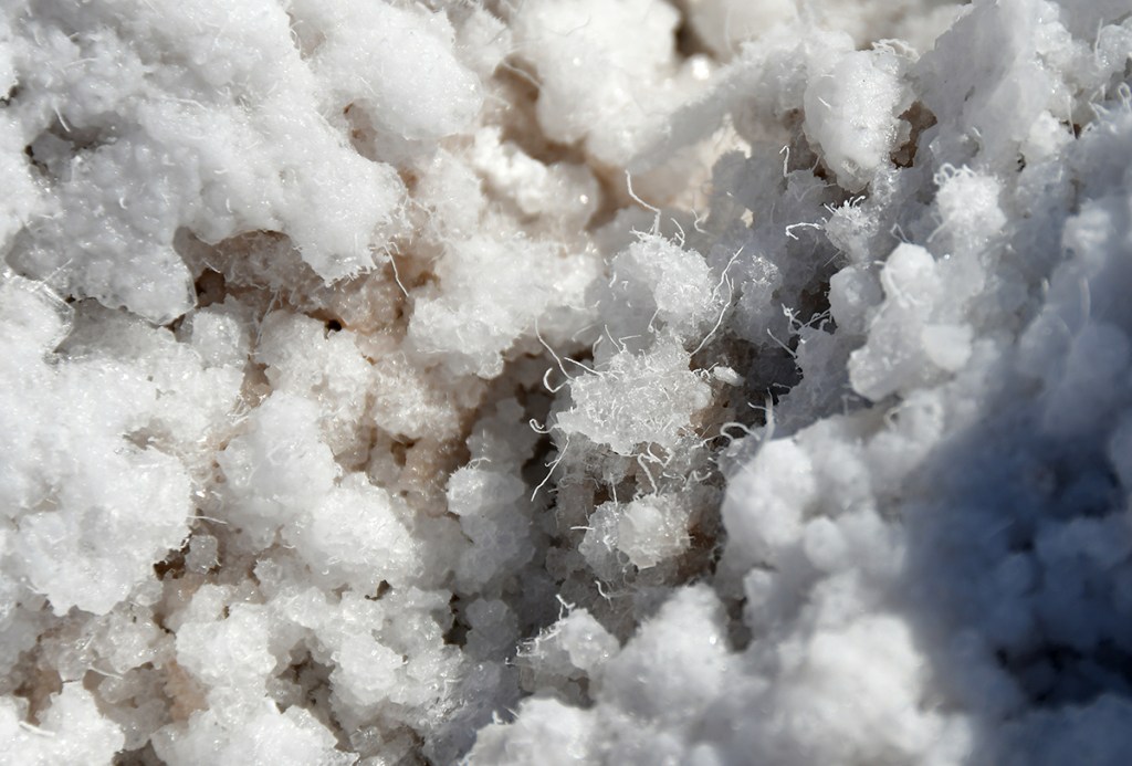 Close-up of crystalline salt formations with a fluffy texture against a light background.