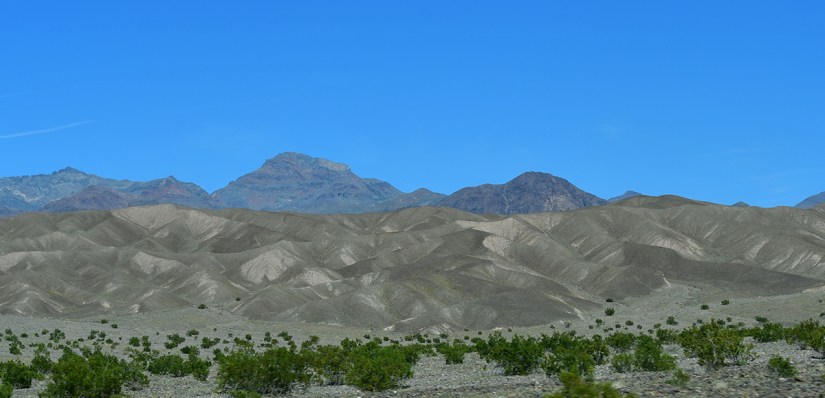 A view of undulating desert terrain with sparse vegetation and distant mountains under a clear blue sky.