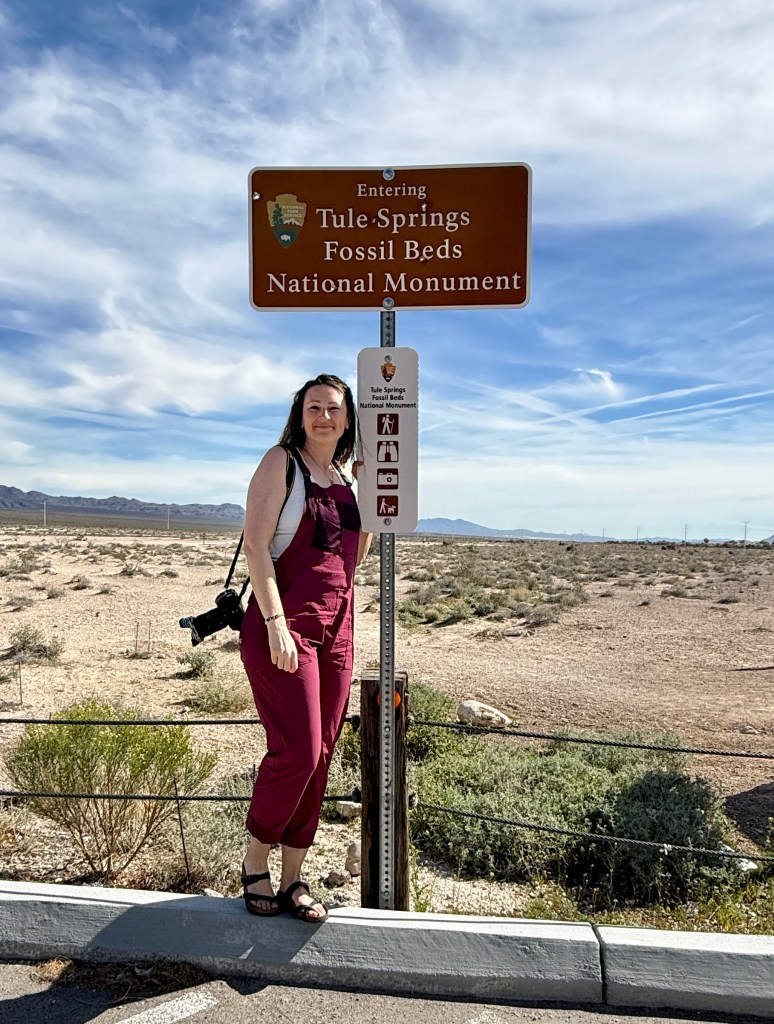 A person standing next to a sign indicating the entrance to Tule Springs Fossil Beds National Monument, with a desert landscape in the background.
