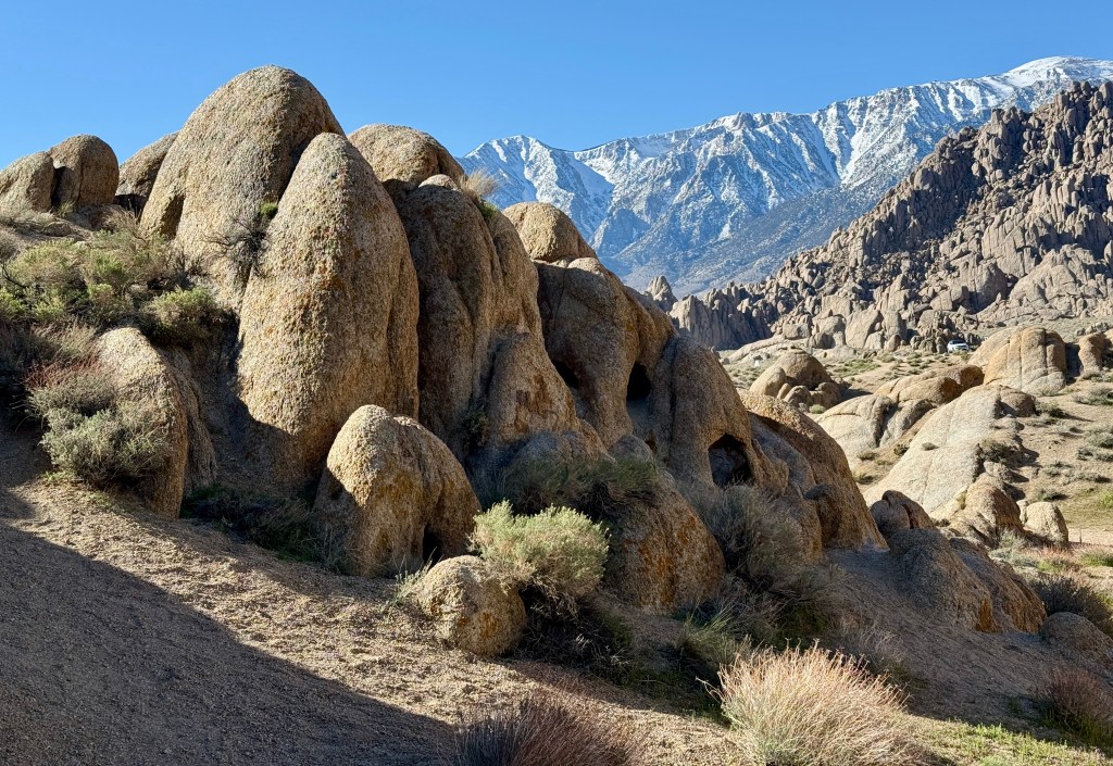 Rock formations in a desert landscape with snow-capped mountains in the background under a clear blue sky.