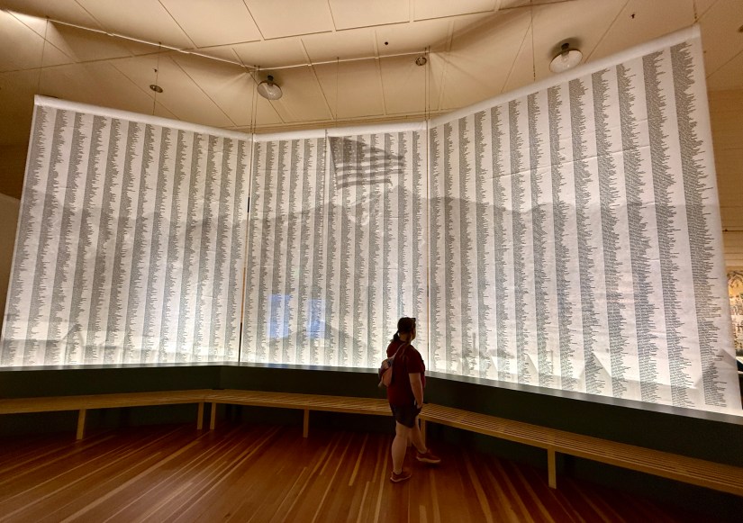 A person standing in front of a large illuminated wall displaying names arranged in vertical columns, with a faint image of a mountain in the background.