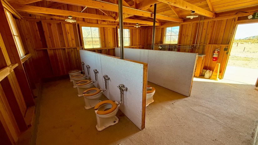 Interior of a rustic bathroom with multiple toilet bowls separated by low partitions, featuring wooden walls and a ceiling.