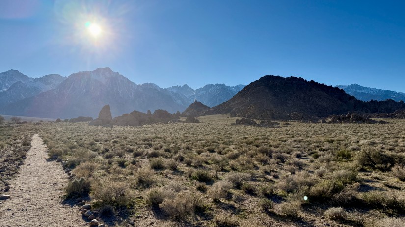 A scenic view of a desert landscape featuring a sandy path, sparse vegetation, and rugged mountains under a clear blue sky with the sun shining.