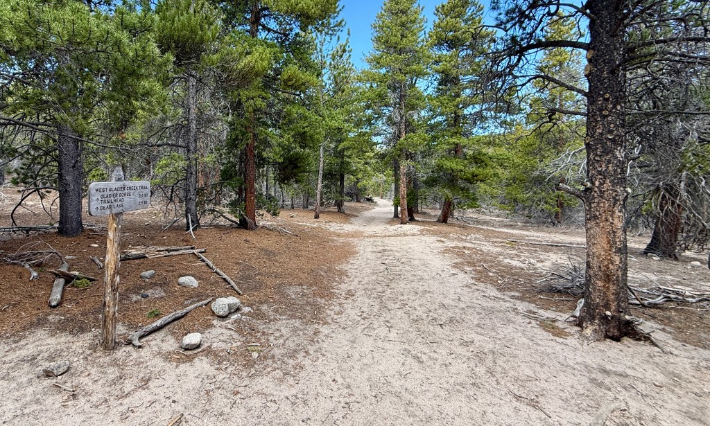 A sandy hiking trail surrounded by trees, with a sign indicating the West Glacier Creek Trail, showing directions and distances to Glacier Ridge and Bear Lake.