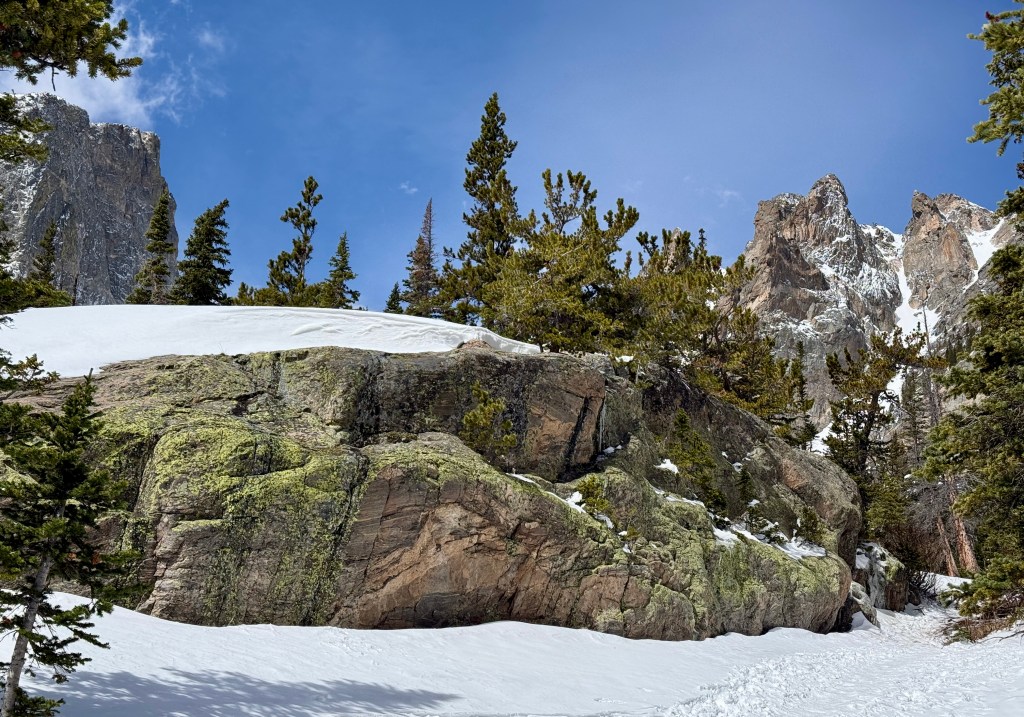 Snow-covered landscape with large rocks and evergreen trees under a blue sky, featuring jagged mountain peaks in the background.