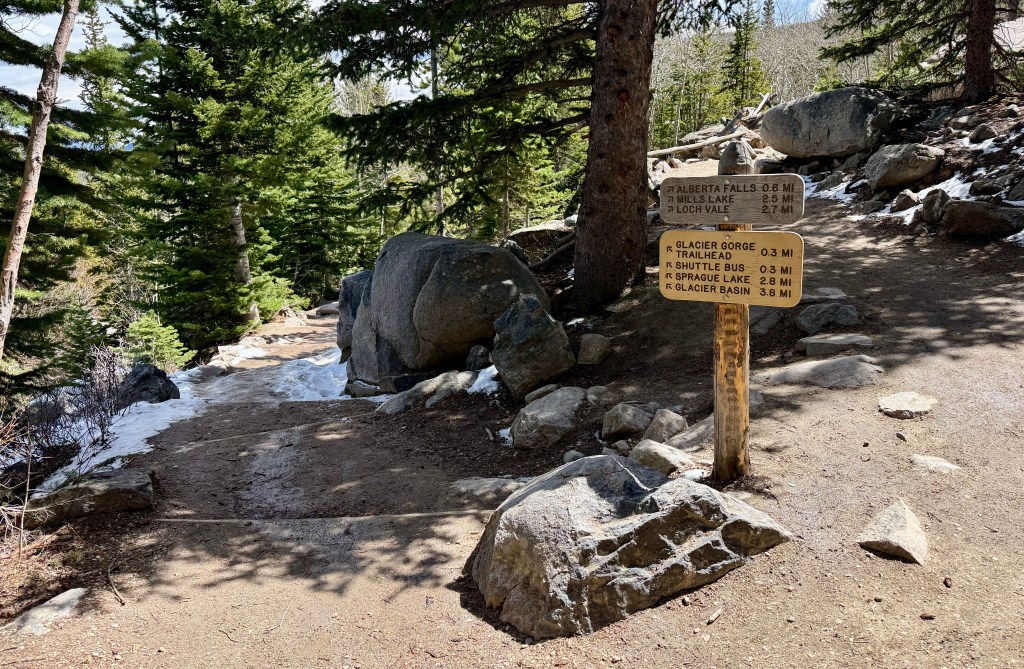 Trail sign at a hiking path in a forest, indicating distances to Alberta Falls, Mills Lake, Loch Vale, Glacier Gorge Trailhead, Shuttle Bus, Sprague Lake, and Glacier Basin.
