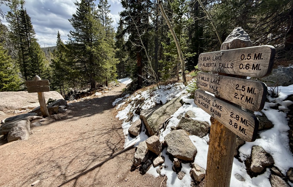 Trail signpost indicating distances to Bear Lake, Alberta Falls, Mills Lake, Loch Vale, Sprague Lake, and Glacier Basin in a wooded area with scattered snow.