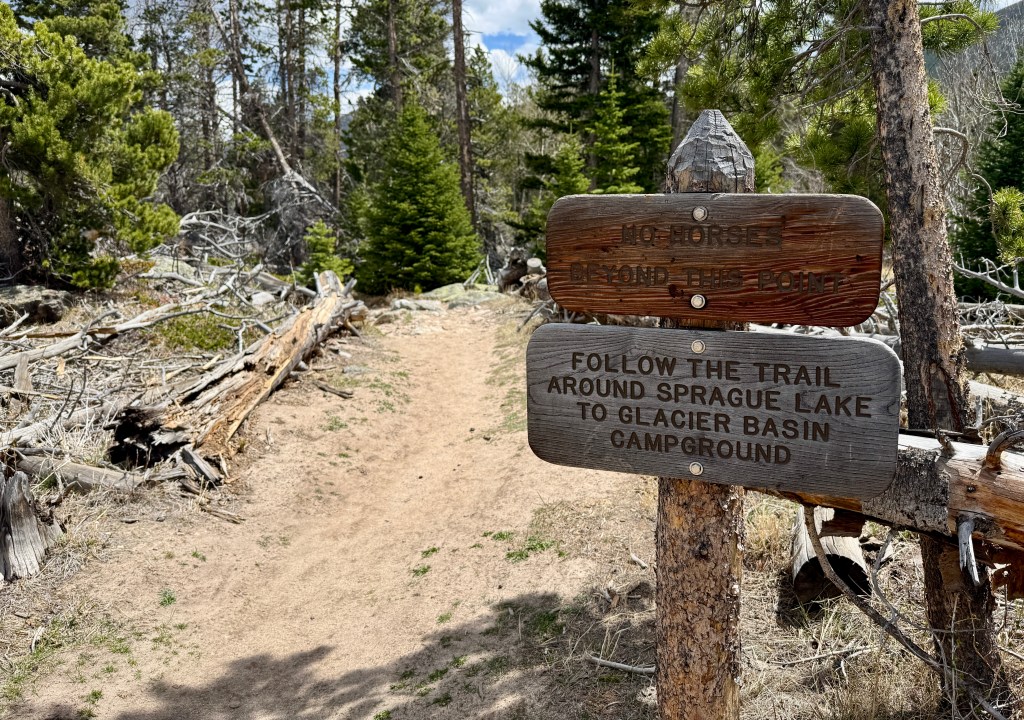 Signpost indicating no horses beyond this point and directing hikers to follow the trail around Sprague Lake to Glacier Basin Campground, surrounded by forested area.