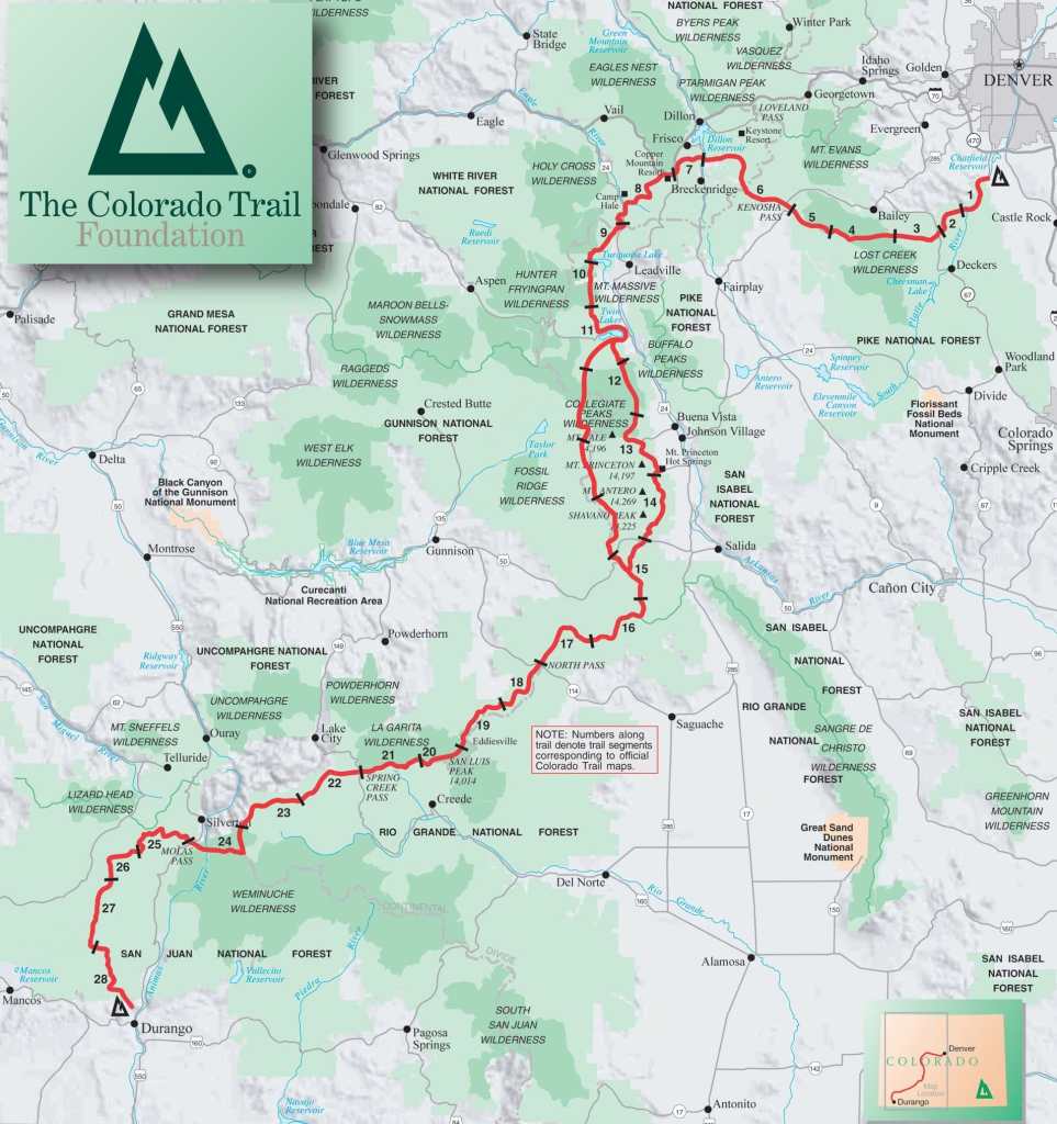Map of the Colorado Trail showing its route, key landmarks, and surrounding national forests, with a note referencing trail segment numbers.