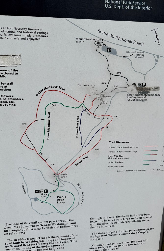 Map of trails at Fort Necessity National Park, highlighting the Outer Meadow Trail, Inner Meadow Trail, Forest Trail, Indian Run Loop, and Picnic Area Loop with distances noted.