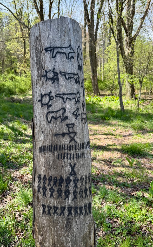 A close-up of a weathered wooden log with various carved symbols and figures, set in a lush green forested area.
