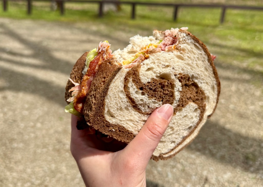 A hand holding a half-eaten sandwich made with marbled rye bread, filled with layers of meat, lettuce, and other ingredients, set against a blurred outdoor background.