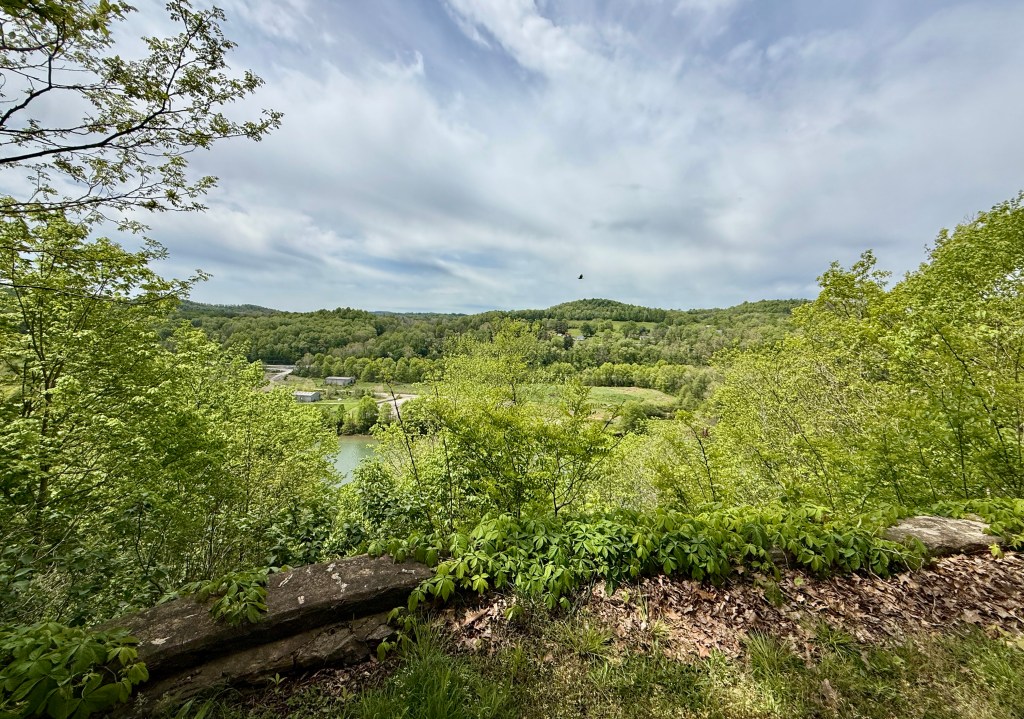 Scenic view of lush green hills and a calm river under a partly cloudy sky.