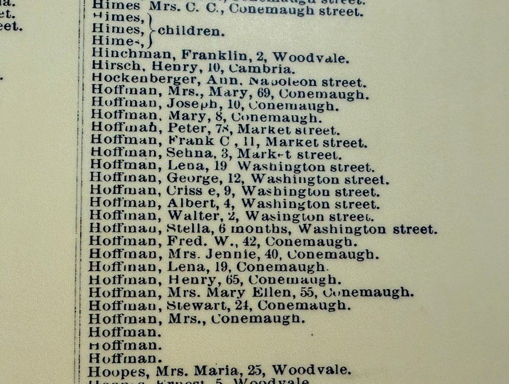 A list of names and addresses, likely from an old directory or census, showing various residents with associated streets.