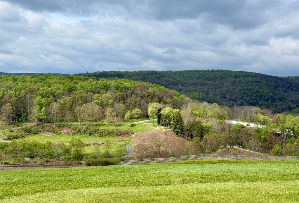 A scenic landscape featuring rolling hills covered in lush greenery under a cloudy sky, with a winding road visible among the trees.