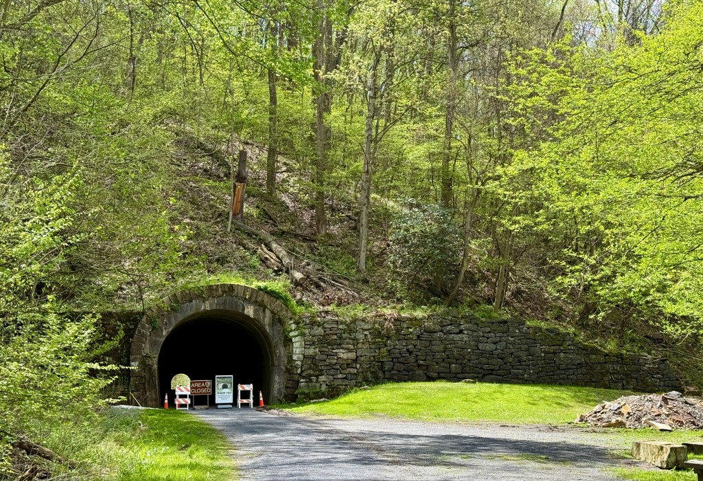 A stone tunnel entrance surrounded by lush green trees, with signage indicating that the area is closed.