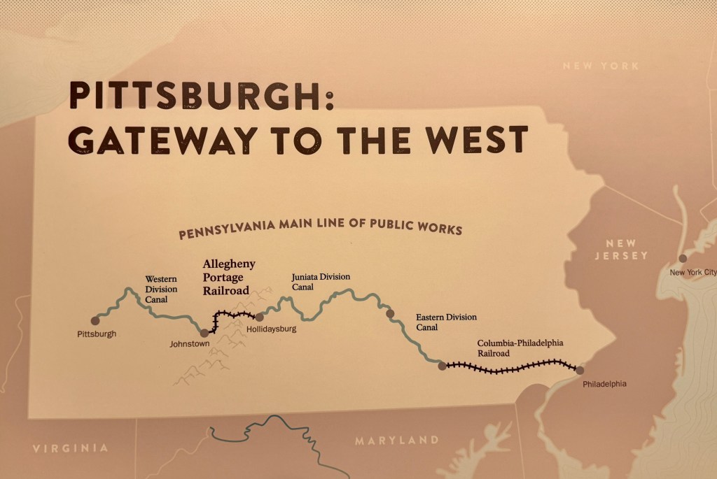 Map of Pennsylvania highlighting Pittsburgh as the 'Gateway to the West', showing the main line of public works including the Allegheny Portage Railroad and various canals and railroads.