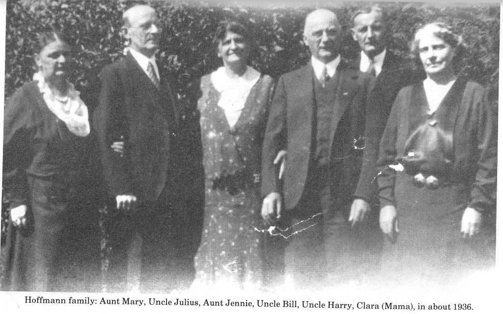 Hoffmann family portrait featuring Aunt Mary, Uncle Julius, Aunt Jennie, Uncle Bill, Uncle Harry, and Clara (Mama) taken around 1936.
