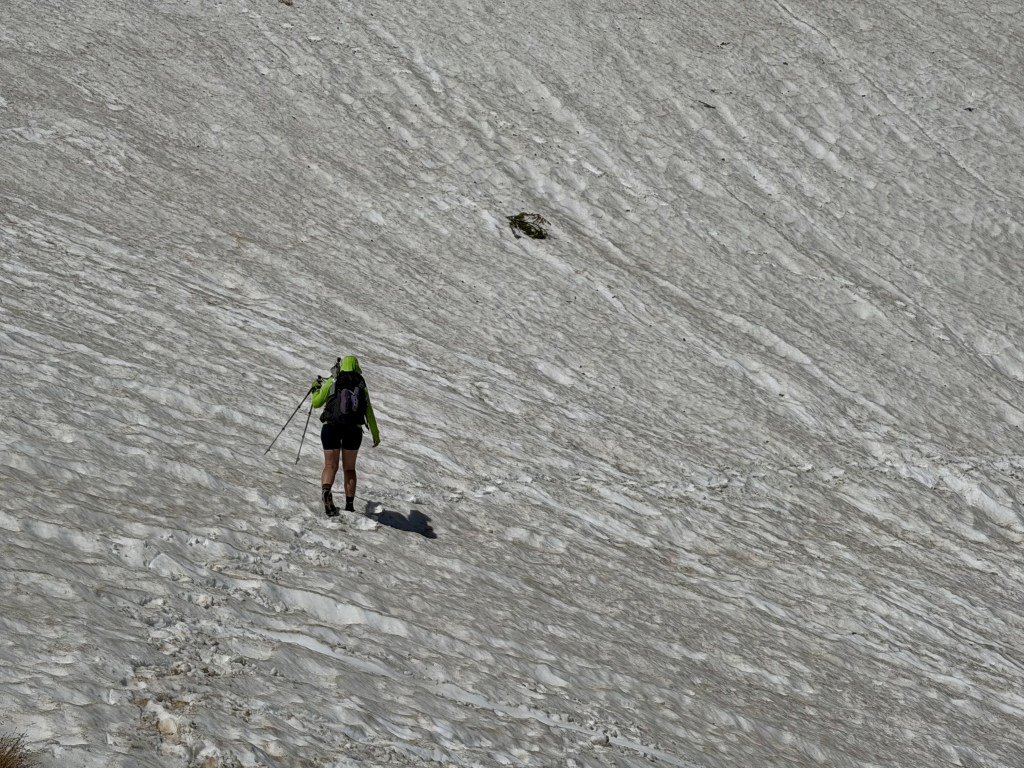A hiker wearing a bright green jacket and shorts walks on a snowy slope, using trekking poles.