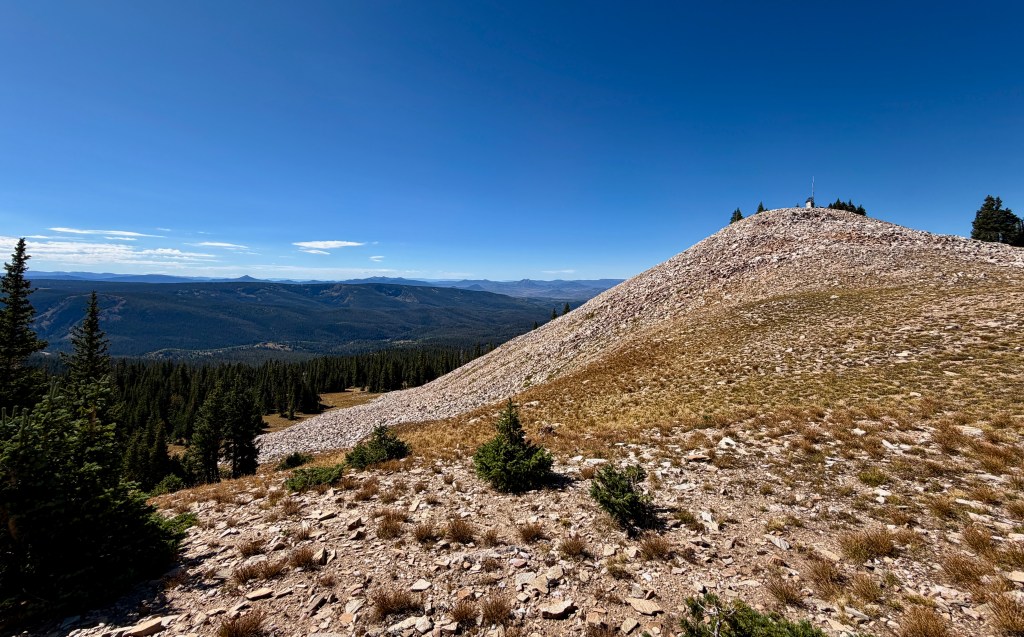 A panoramic view of a rocky hilltop surrounded by evergreen trees, with a clear blue sky and distant mountain ranges in the background.