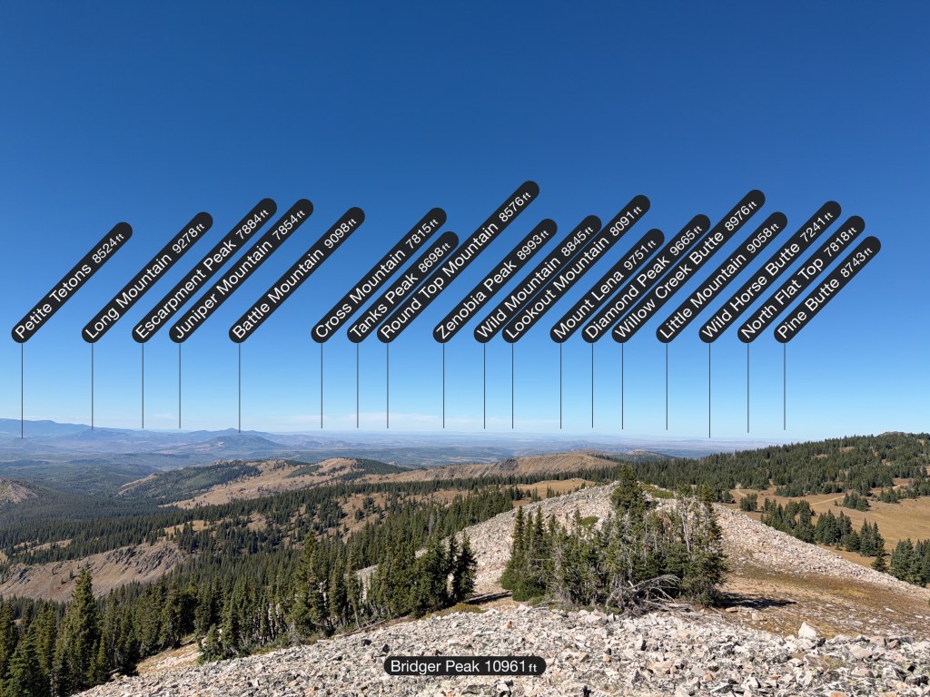 A panoramic view of a mountain landscape with various peaks labeled, showcasing their names and elevations, under a clear blue sky.